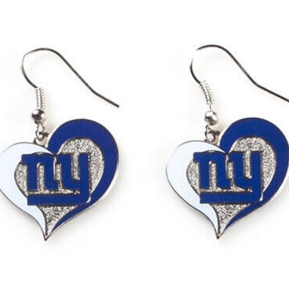 New* New York Giants GMEN‎ NFL Silver Swirl Heart Dangle Earrings Non Allerg… - Picture 1 of 1